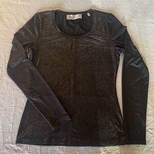 Patricia Luca Milano Black Top Women Sz M Faux Leather-look Front Long Sleeves